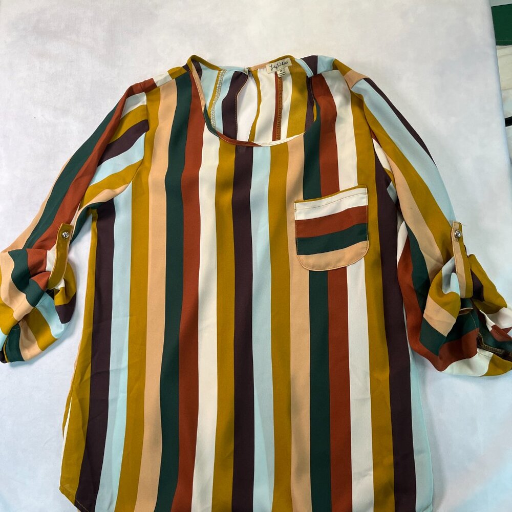 Lily White Earth Tone  Vertical Striped Roll Tab Blouse Size Medium - Picture 3 of 6